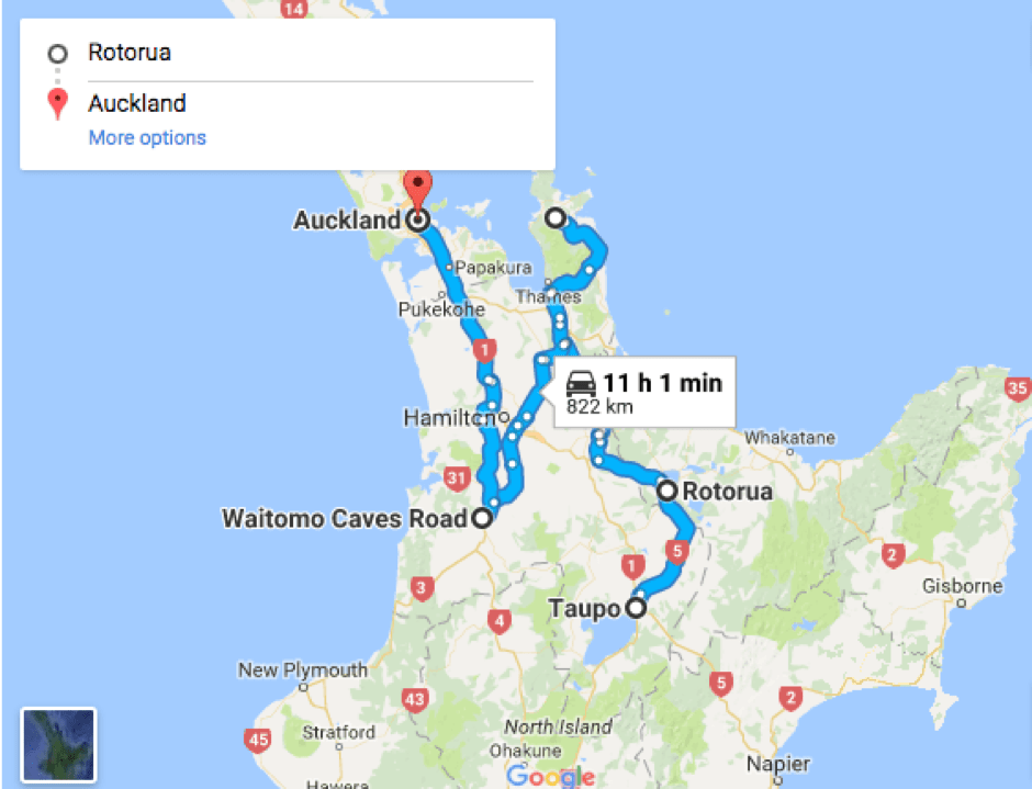 Rotorua to Auckland route map